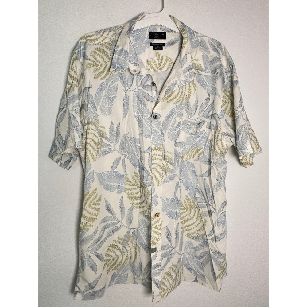 Honolua Surf Co Mens XXL Blue Green Tropical Leaf Bamboo Blend Camp Shirt XXL